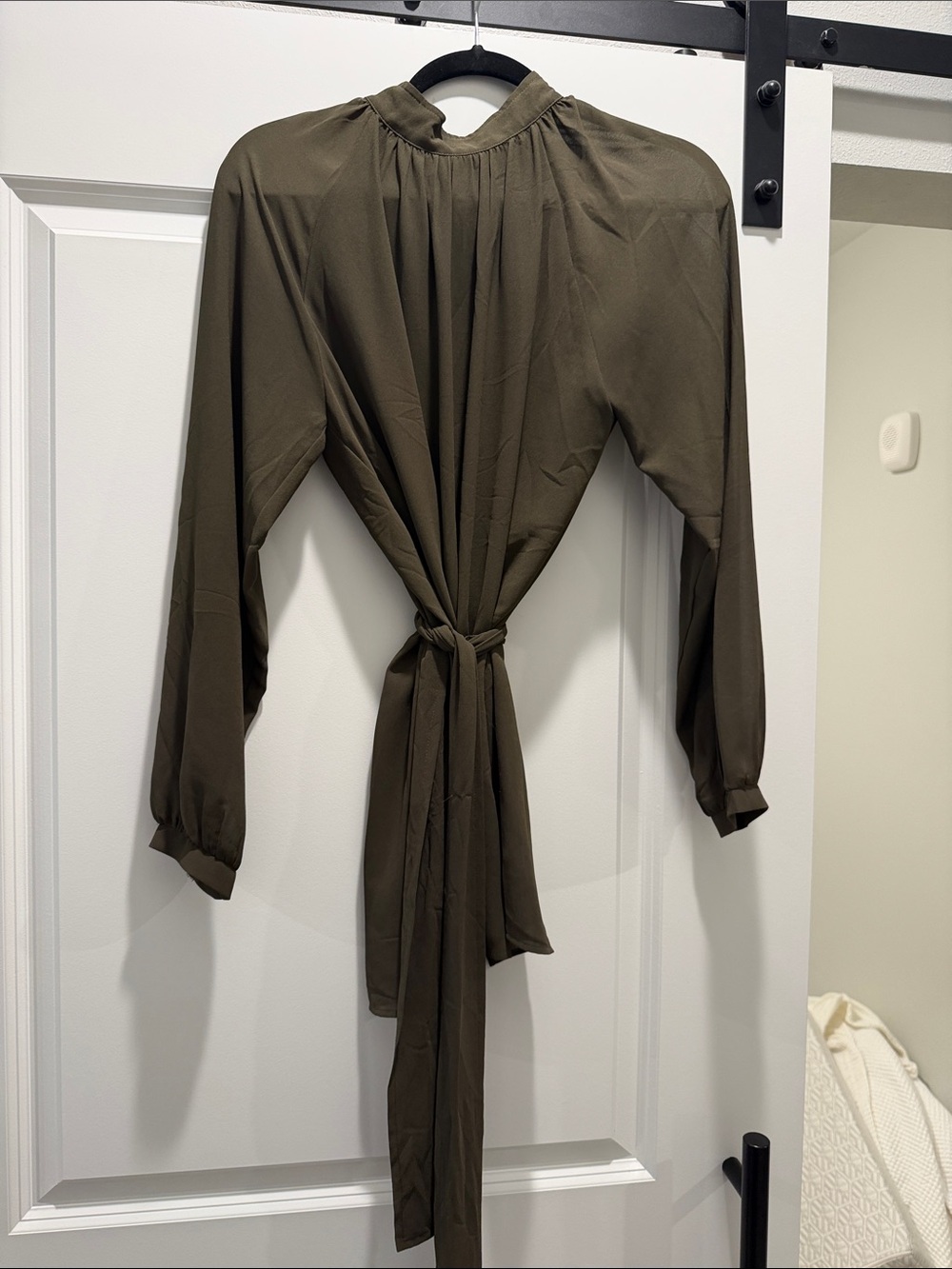 Buckle Olive Long Sleeve Blouse with Waist Tie